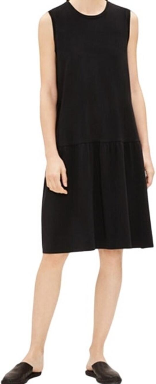 Eileen Fisher Tencel Jersey Drop-Waist Dress Mini Mock Neck Soft Flare Black XS